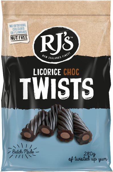 RJ'S Licorice Choc Twists 280g (Pack of 12)