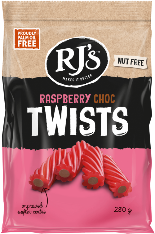 RJ'S Raspberry Licorice Choc Twists 280g (Pack of 12)