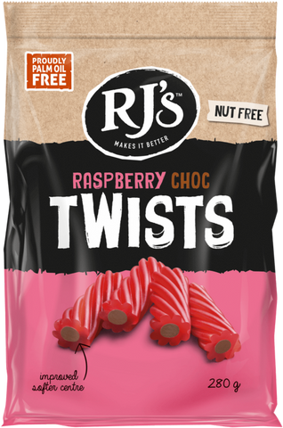 RJ'S Raspberry Licorice Choc Twists 280g (Pack of 12)