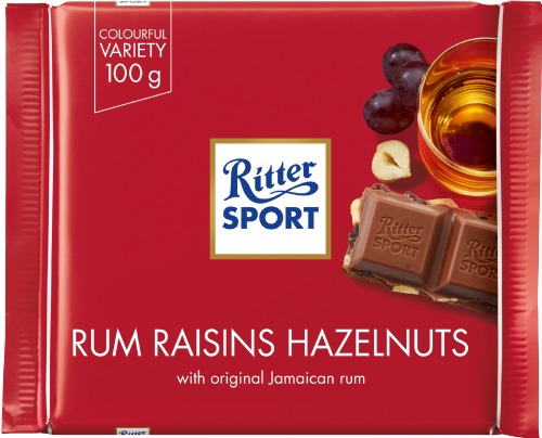 RITTER SPORT Rum, Raisins & Hazelnuts Chocolate 100g (Pack of 12)