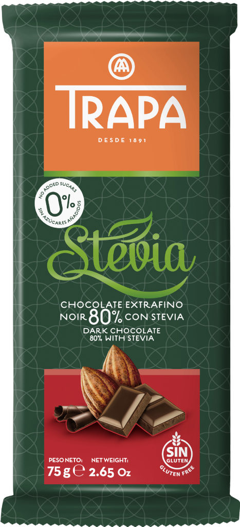 TRAPA Dark Chocolate 80% with Stevia 75g (Pack of 20)