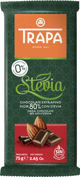 TRAPA Dark Chocolate 80% with Stevia 75g (Pack of 20)