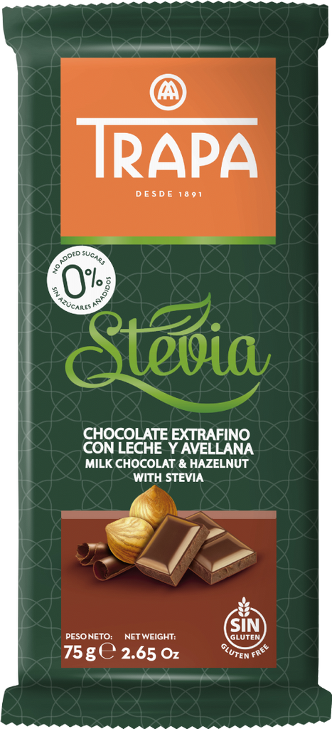 TRAPA Milk Chocolate & Hazelnut with Stevia 75g (Pack of 20)