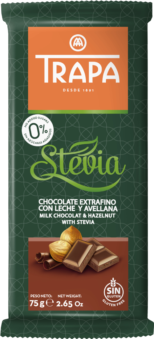 TRAPA Milk Chocolate & Hazelnut with Stevia 75g (Pack of 20)