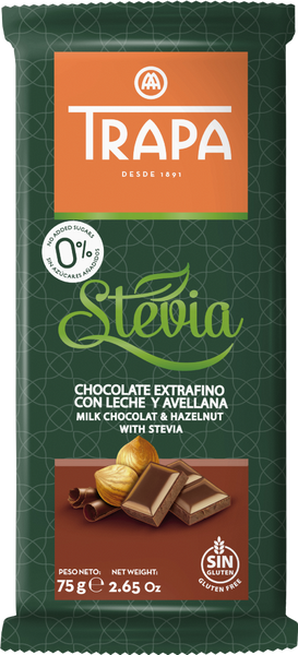 TRAPA Milk Chocolate & Hazelnut with Stevia 75g (Pack of 20)