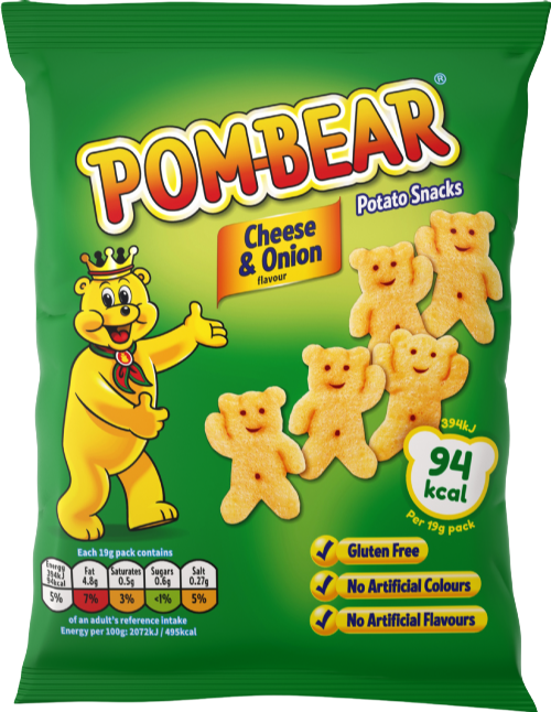 POM-BEAR Teddy Shaped Potato Snacks - Cheese & Onion 19g (Pack of 36)