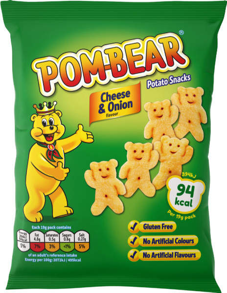 POM-BEAR Teddy Shaped Potato Snacks - Cheese & Onion 19g (Pack of 36)