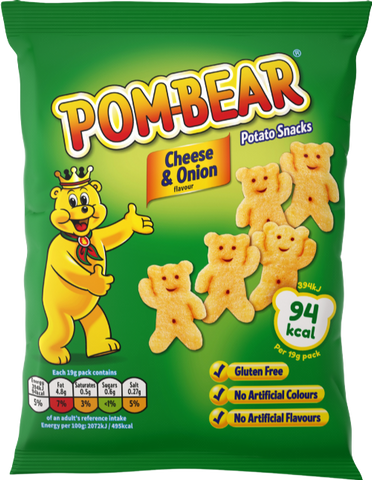 POM-BEAR Teddy Shaped Potato Snacks - Cheese & Onion 19g (Pack of 36)