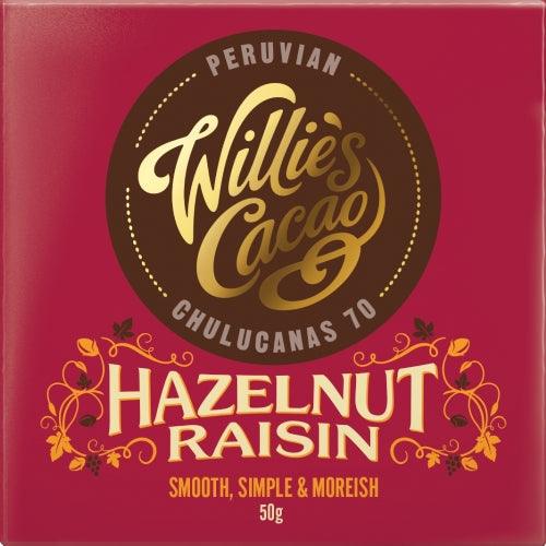 WILLIE'S CACAO Hazelnut Raisin Peruvian 70 Dark Choc 50g (Pack of 12)