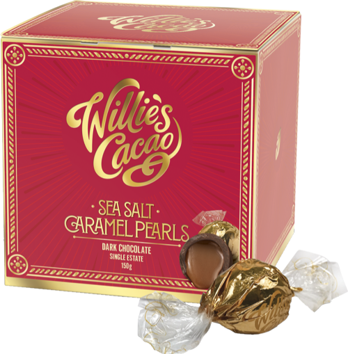 WILLIE'S CACAO Sea Salt Caramel Pearls - Dark Chocolate 150g (Pack of 6)