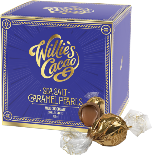 WILLIE'S CACAO Sea Salt Caramel Pearls - Milk Chocolate 150g (Pack of 6)