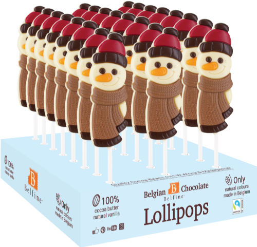 BELFINE Belgian Chocolate Long Pop Snowman Lollipop 23g (Pack of 24)