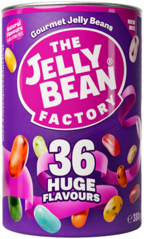 JELLY BEAN FACTORY 36 Huge Flavours Mix - Can 380g (Pack of 12)