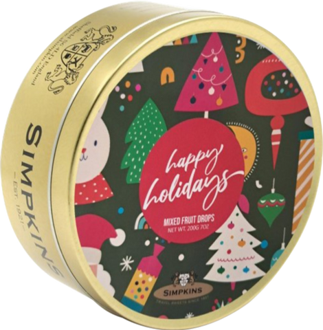 SIMPKINS Mixed Fruit Drops - Happy Holidays Tin 200g (Pack of 6)