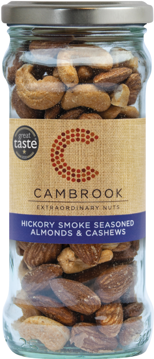 CAMBROOK Hickory Smoke Seasoned Almonds & Cashews - Jar 180g (Pack of 6)