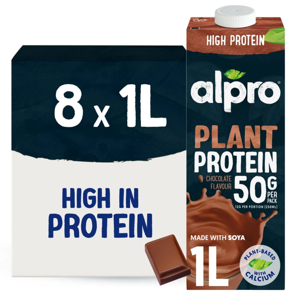 Alpro High Protein Soya Chocolate Long Life Dairy Free Drink 1L (Pack of 8)