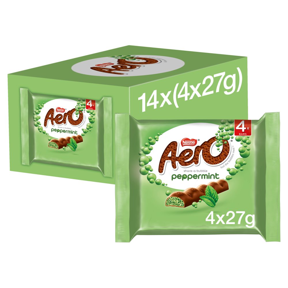 Aero Bubbly Peppermint Mint Chocolate Bar Multipack 27g (Pack of 14)