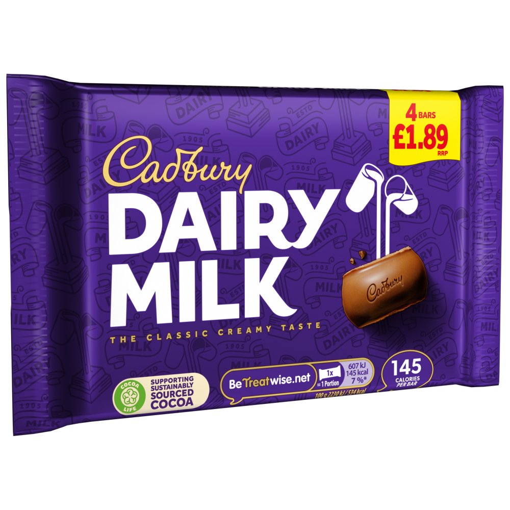Cadbury Dairy Milk Chocolate Bar 4 Pack Multipack 108.8g (Pack of 14)