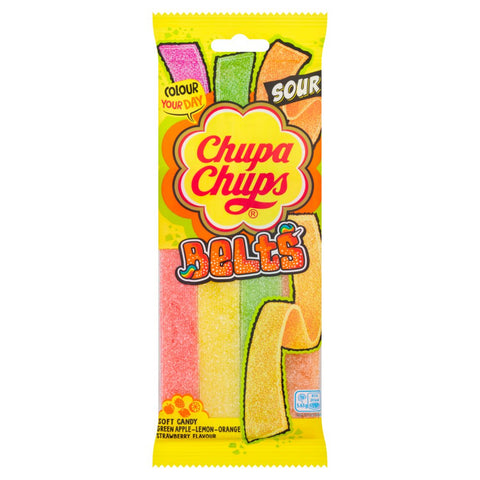 Chupa Chups Green Apple-Lemon-Orange Strawberry Flavour Soft Candy Belts 90g (Pack of 18)