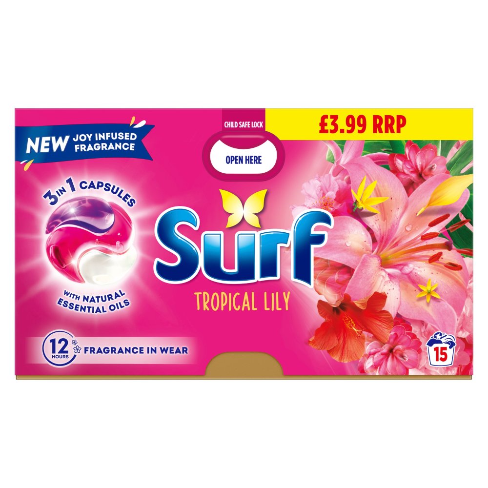 Surf 3 in 1 Laundry Washing Detergent Capsules Tropical Lily 15 washes (Pack of 4)
