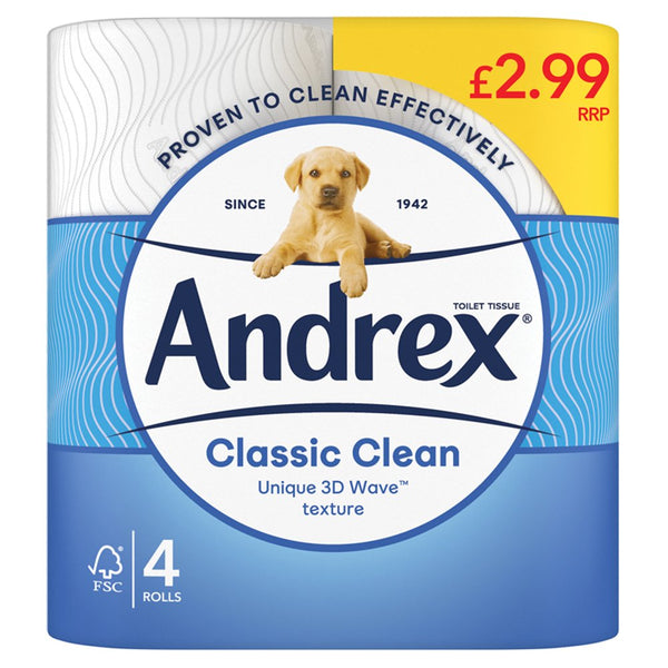 Andrex Classic Clean Toilet Tissue, 4 Rolls 1Kg (Pack of 6)