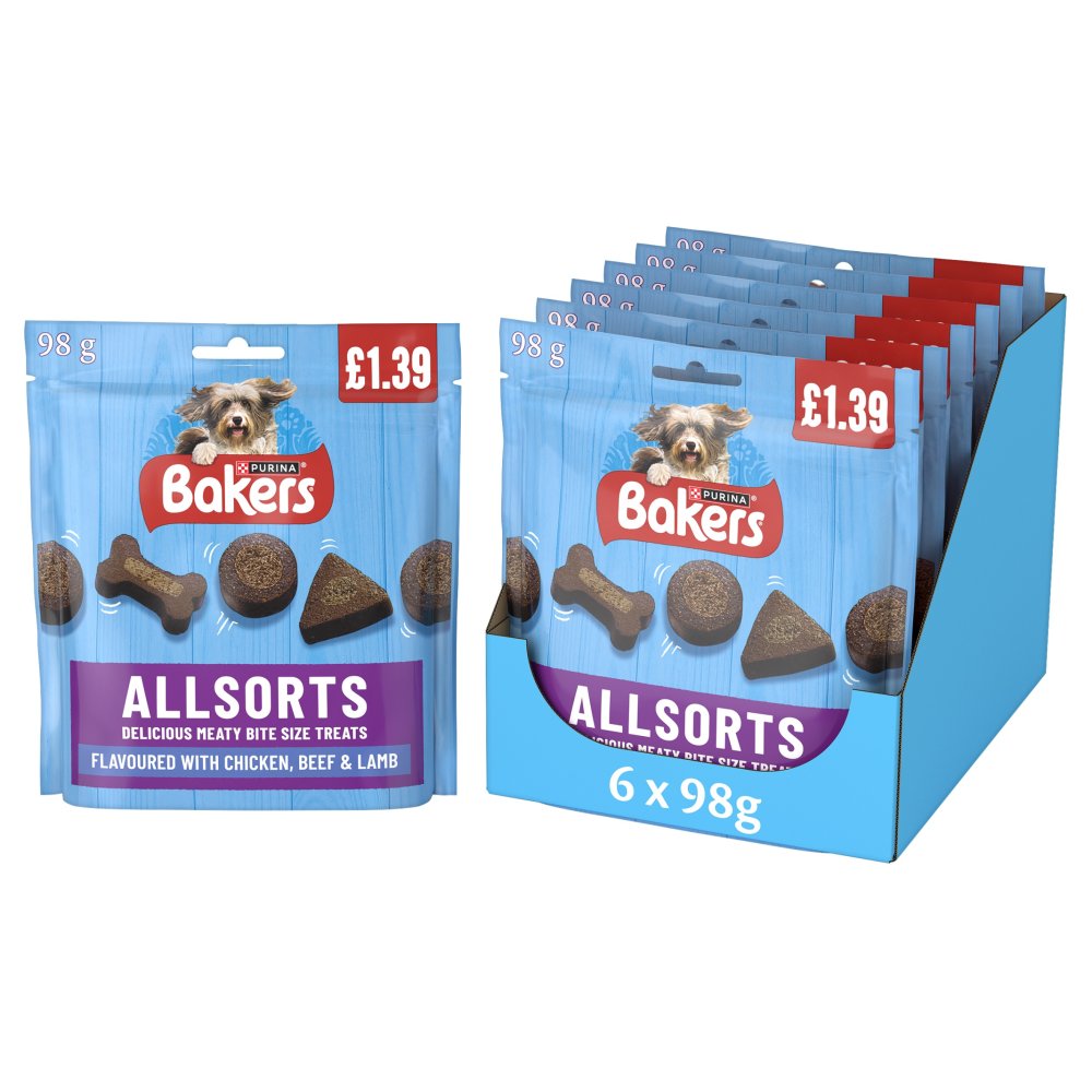 Bakers Allsorts Delicious Bite Size Treats Flavoured with Chicken, Beef & Lamb 98g (Pack of 6)