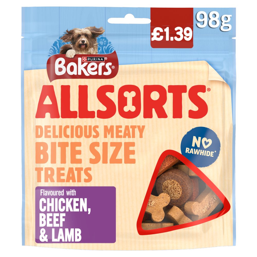 Bakers Allsorts Delicious Bite Size Treats Flavoured with Chicken, Beef & Lamb 98g (Pack of 6)