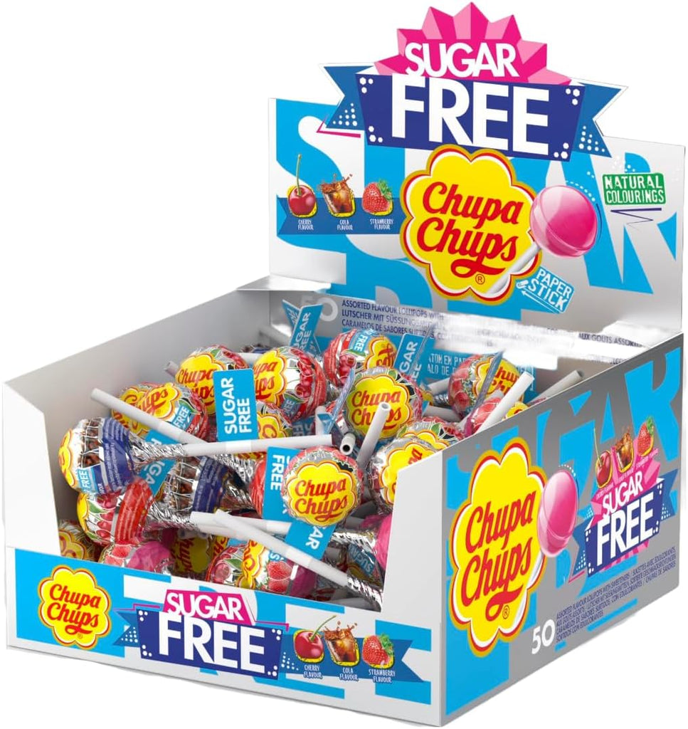 Chupa Chups Sugar Free Lollipop Cherry, Cola & Strawberry Flavoured Assorted Sweets - Lollies 12g (Pack 50)