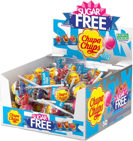 Chupa Chups Sugar Free Lollipop Cherry, Cola & Strawberry Flavoured Assorted Sweets - Lollies 12g (Pack 50)