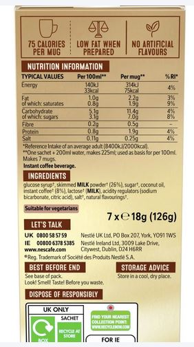 Nescafe Latte Instant Coffee 7 x 18g Sachets (Pack of 6)