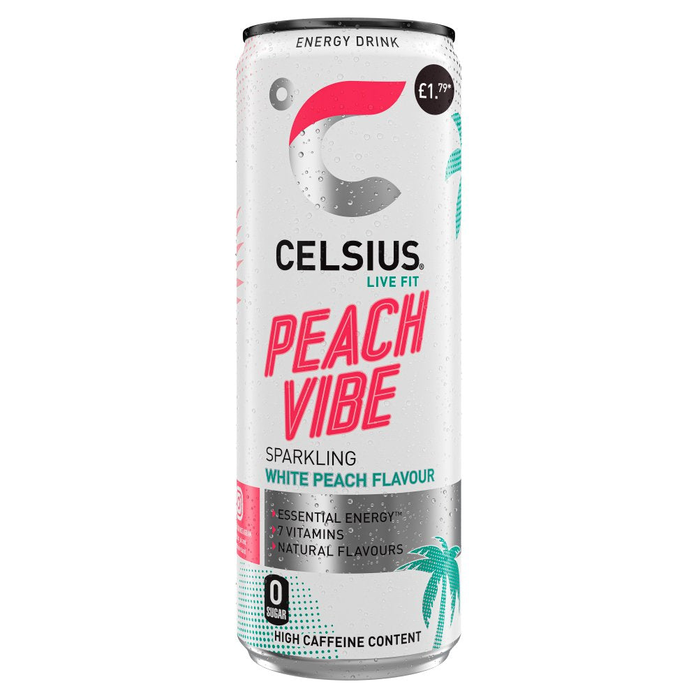 Celsius Live Fit Peach Vibe Sparkling White Peach Flavour Energy Drink 355ml (Pack of 12)