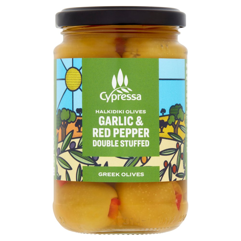 Cypressa Garlic & Red Peppers Double Stuffed Halkidiki Olives 315g (Pack of 6)