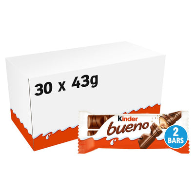 Kinder Bueno Milk Chocolate and Hazelnuts Single Bar 2 Finger x 21.5g (43g) (Pack of 30)