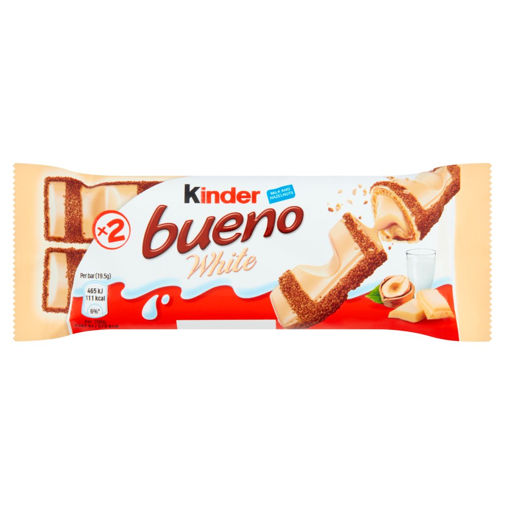 Kinder Bueno White Chocolate & Hazelnut Wafer Biscuit Snack Bar 39g (Pack of 30)