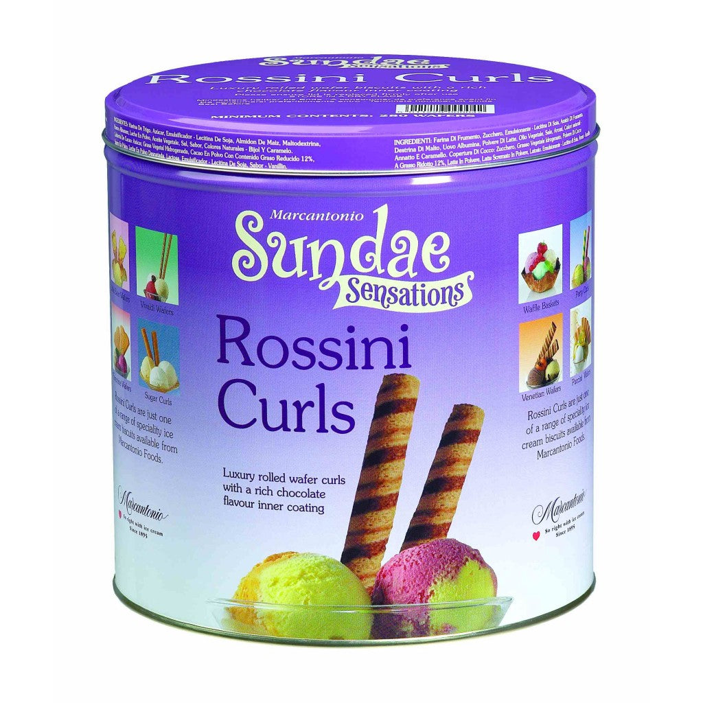 MARCANTONIO Sundae Sensations Chocolate Rossini Wafer Curls 280 Pieces Tin (Pack of 1)