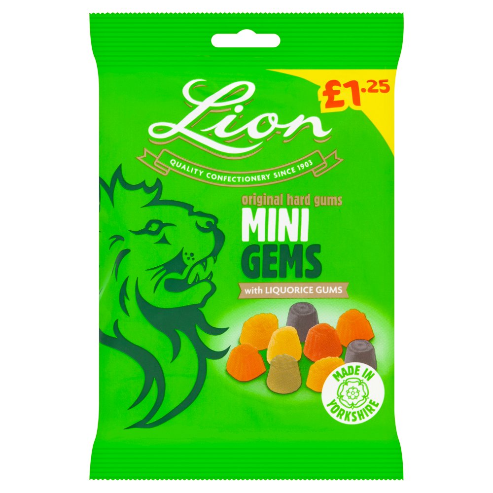 Lion Original Hard Gums Mini Gems with Liquorice Gums 130g (Pack of 12)
