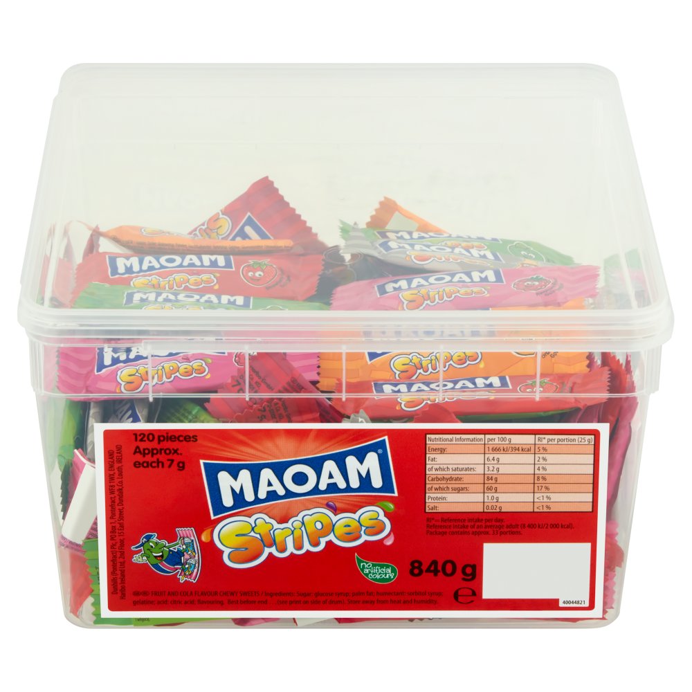 MAOAM Stripes Fruit & Cola Flavour Chewy Sweets Tub 840g(Pack of 120)