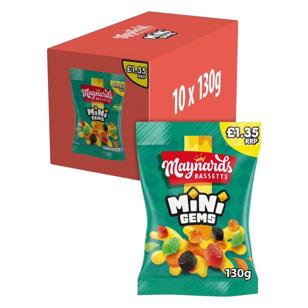 Maynards Bassetts Mini Gems Sweets Sharing Bag 130g (Pack of 10)