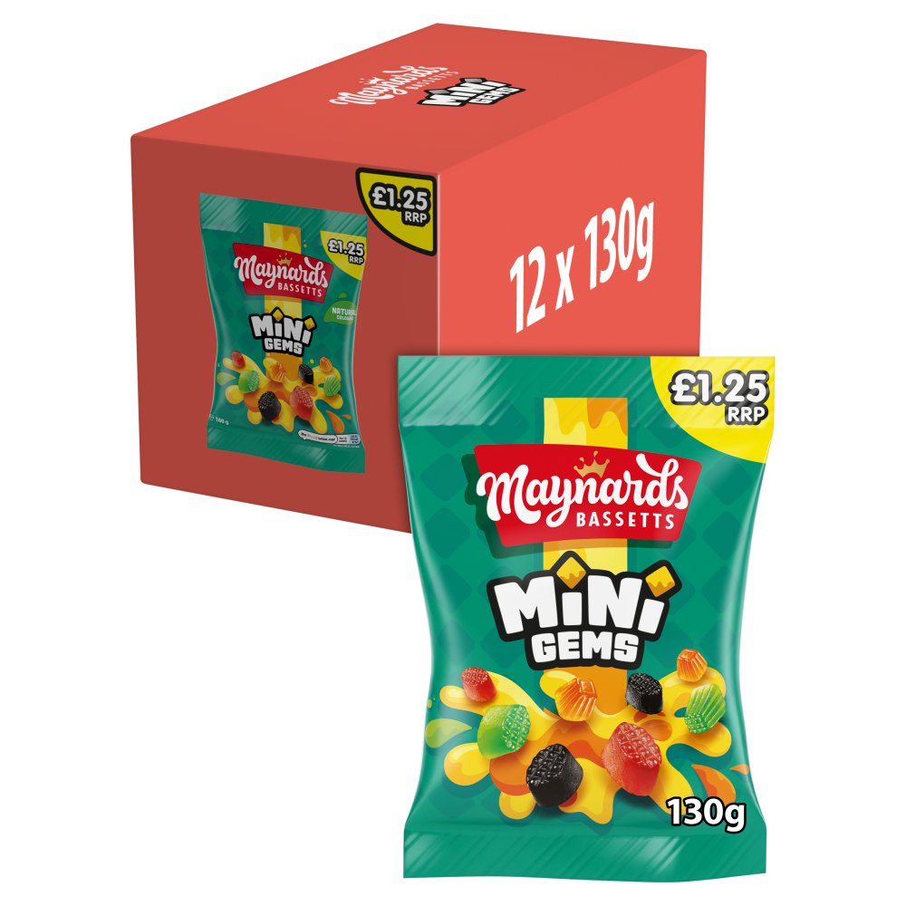 Maynards Bassetts Mini Gems Sweets Bag 130g (Pack of 12)