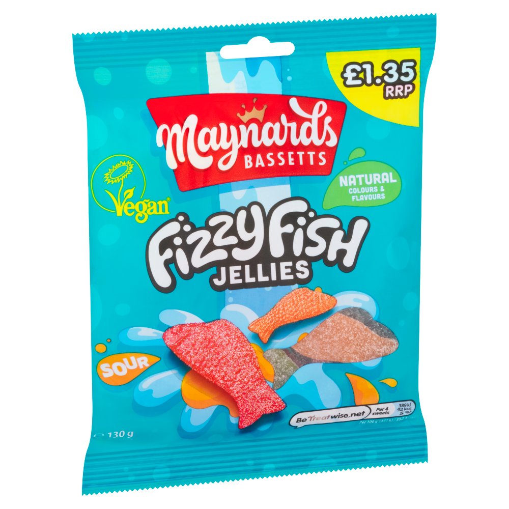 Maynards Bassetts Fizzy Fish Sweets Sharing Bag 130g (Pack of 12)