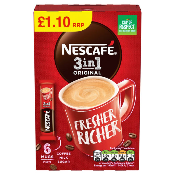 Nescafe 3in1 Original Instant Coffee 6 x 17g (Pack of 11)