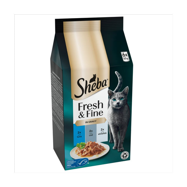 Sheba Fresh & Fine Wet Cat Food Pouches Tuna & Cod in Gravy 6 x 50g (Pack of 1)