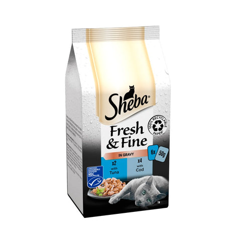 Sheba Fresh & Fine Wet Cat Food Pouches Tuna & Cod in Gravy 6 x 50g (Pack of 1)