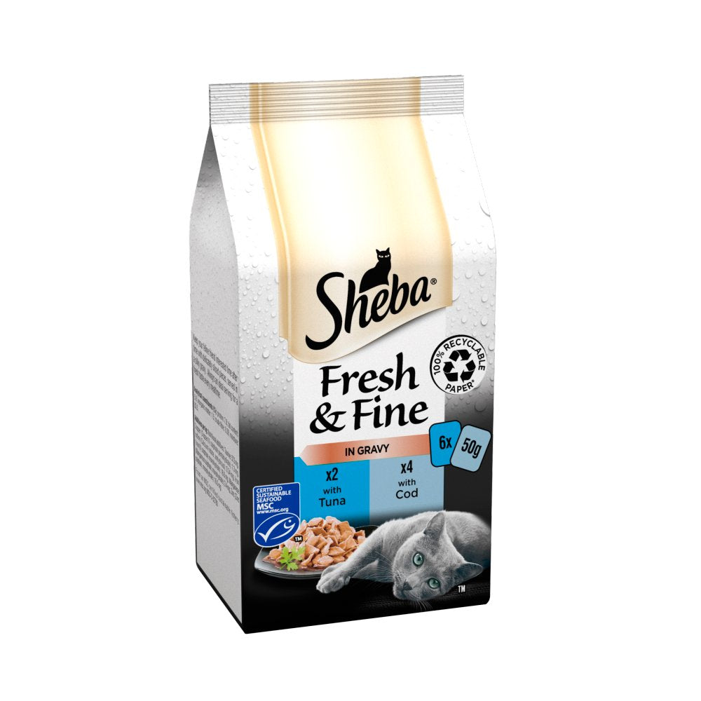 Sheba Fresh & Fine Wet Cat Food Pouches Tuna & Cod in Gravy 6 x 50g (Pack of 1)