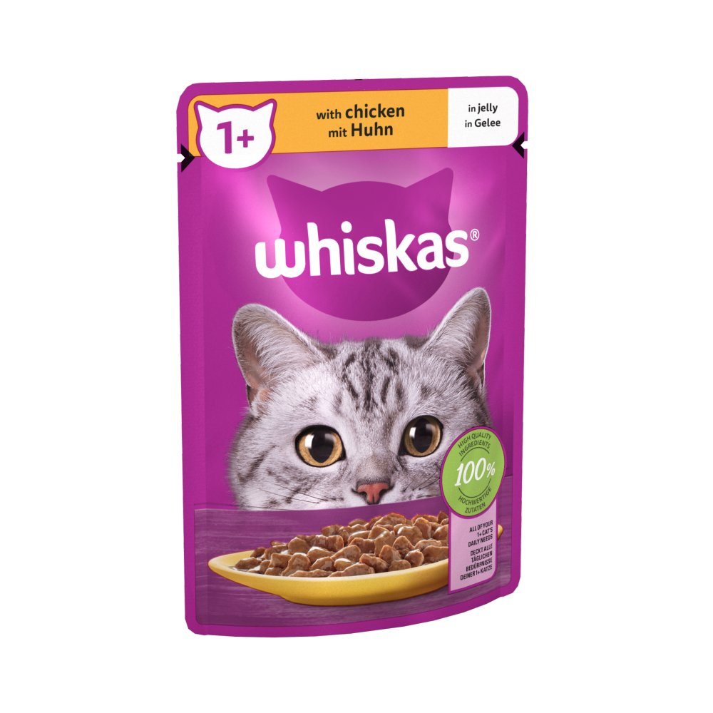 Whiskas 1+ Adult Wet Cat Food Pouches in Jelly with Chicken 85g (Pack of 28)