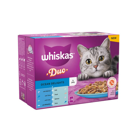 Whiskas 1+ Duo Ocean Delights Adult Wet Cat Food Pouches in Jelly 12 x 85g (Pack of 4)