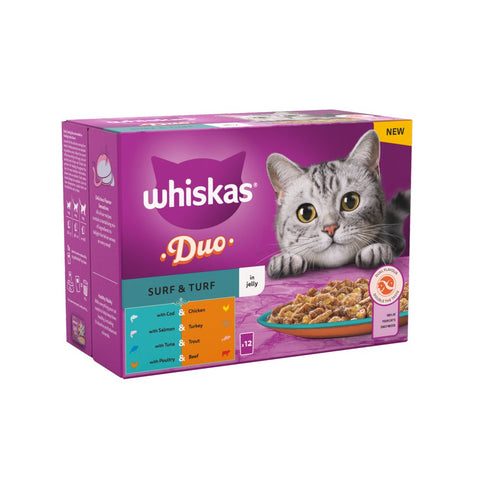 Whiskas 1+ Duo Surf and Turf Adult Wet Cat Food Pouches in Jelly 12 x 85g (Pack of 4)
