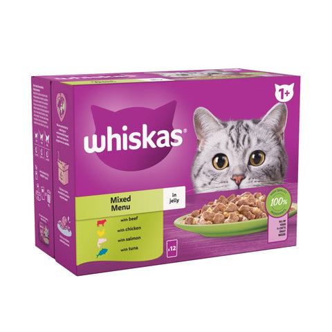 Whiskas 1+ Mixed Menu Adult Wet Cat Food Pouches in Jelly 12 x 85g (Pack of 4)