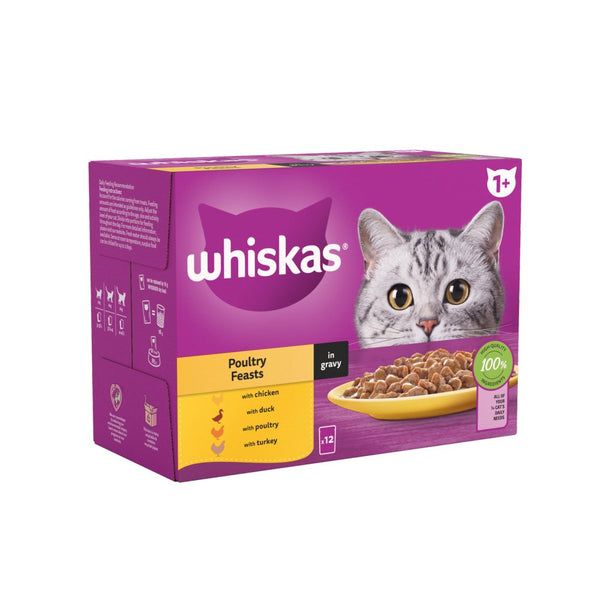 Whiskas 1+ Poultry Feasts Adult Wet Cat Food Pouches in Gravy 12 x 85g (Pack of 4)