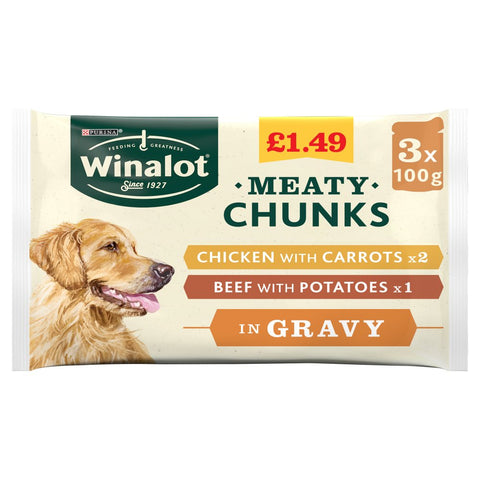 Winalot Meaty Chunks in Gravy 3 x 100g (Pack of 12)